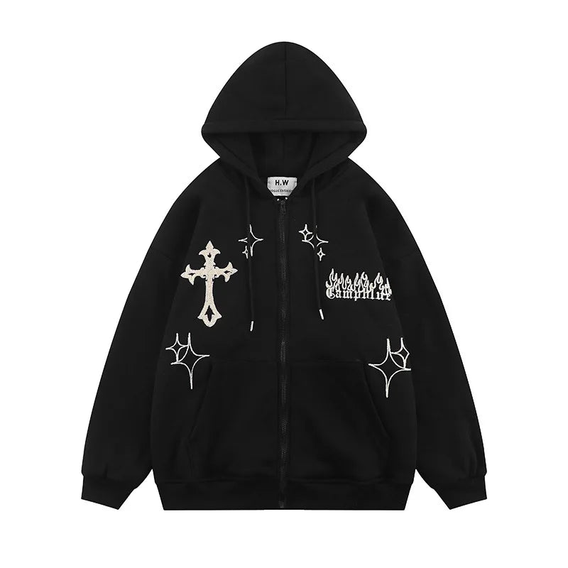 Hooded Sweatshirt Men's Women's Cross Embroidery Couple Trend Street Loose Hoodies for Men Clothing Youth Autumn Spring