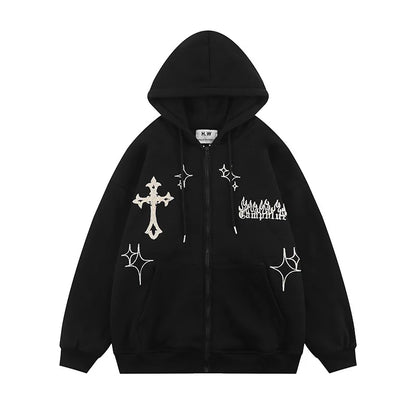 Hooded Sweatshirt Men's Women's Cross Embroidery Couple Trend Street Loose Hoodies for Men Clothing Youth Autumn Spring