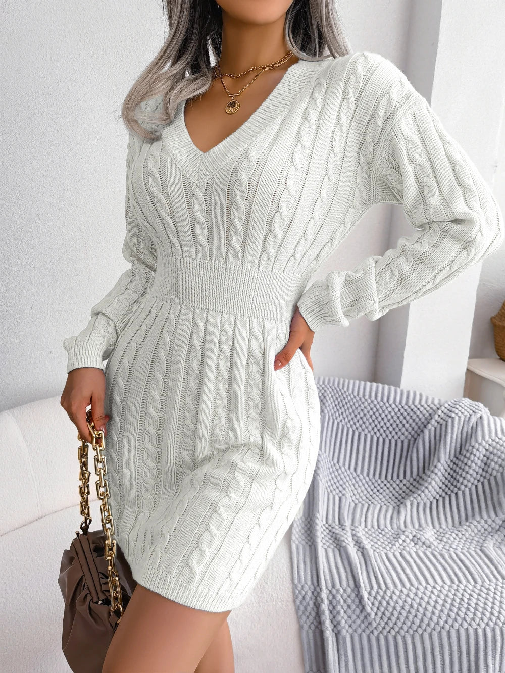 Knitted Sweater Dress For Women 2025 Autumn Winter Long Sleeve Slim Waist Knitwear Clothes White Blue Khaki