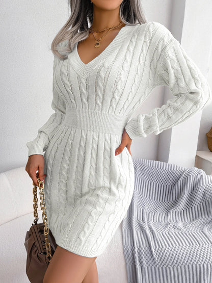 Knitted Sweater Dress For Women 2025 Autumn Winter Long Sleeve Slim Waist Knitwear Clothes White Blue Khaki