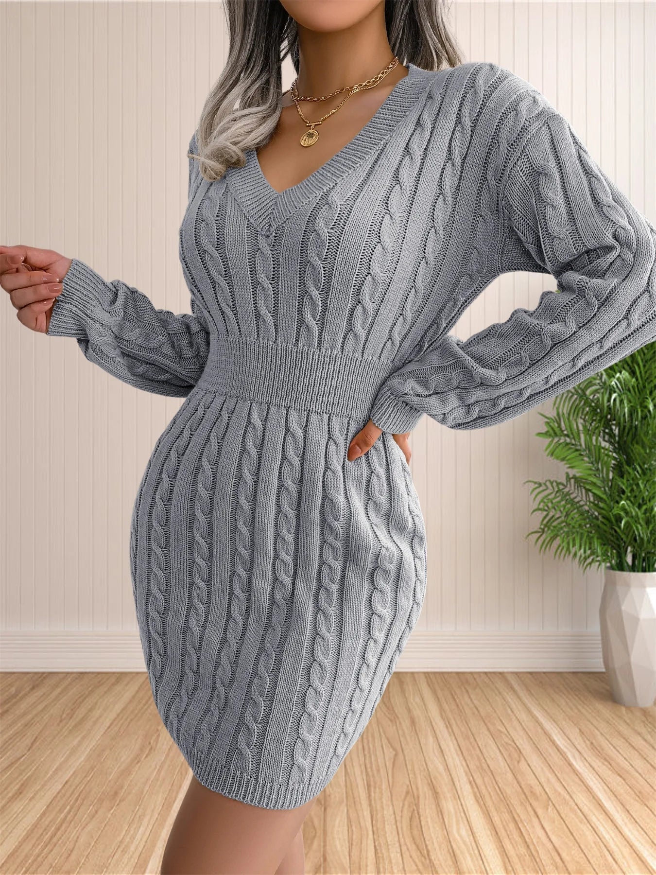 Women Sweater Dresses Cocktail V Neck Knitted Dress Sweater Sheath Dress.