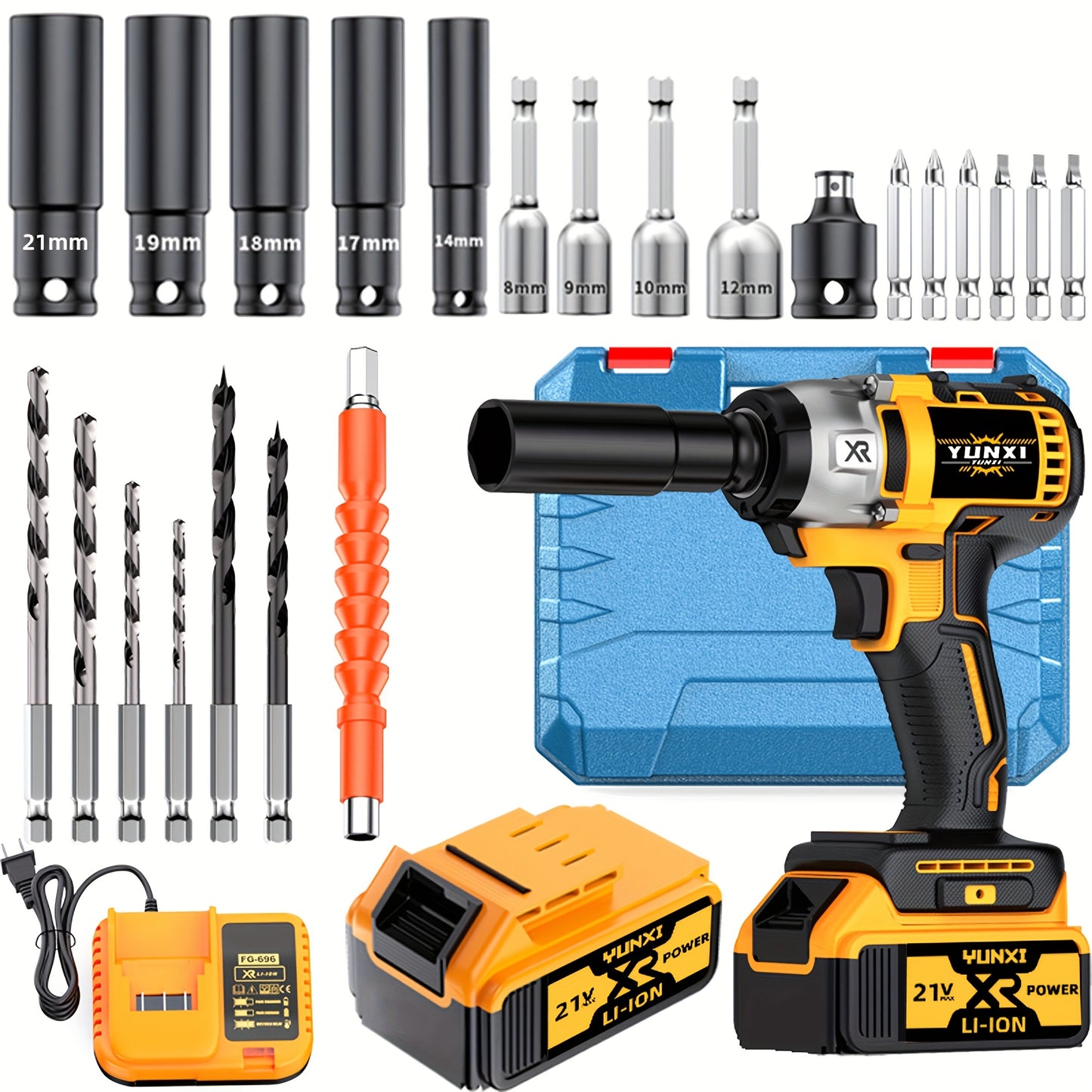 21V Cordless Impact Wrench Wireless Drill Kit with 4000mAh Battery, Brushless Electric Impact Gun Drill, Toolbox, Charger, Socket & Complete Accessories - Ideal Gift for Men