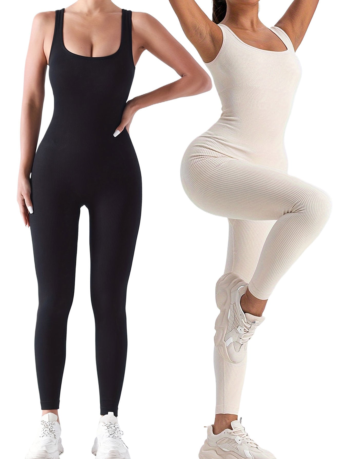 2 Pack Women's Ribbed Solid Color One-Piece Jumpsuit, Form-Fitting Sensual Activewear, Classic Sleeveless Full-Length Pants For Sport Casual Wear MerchMallow