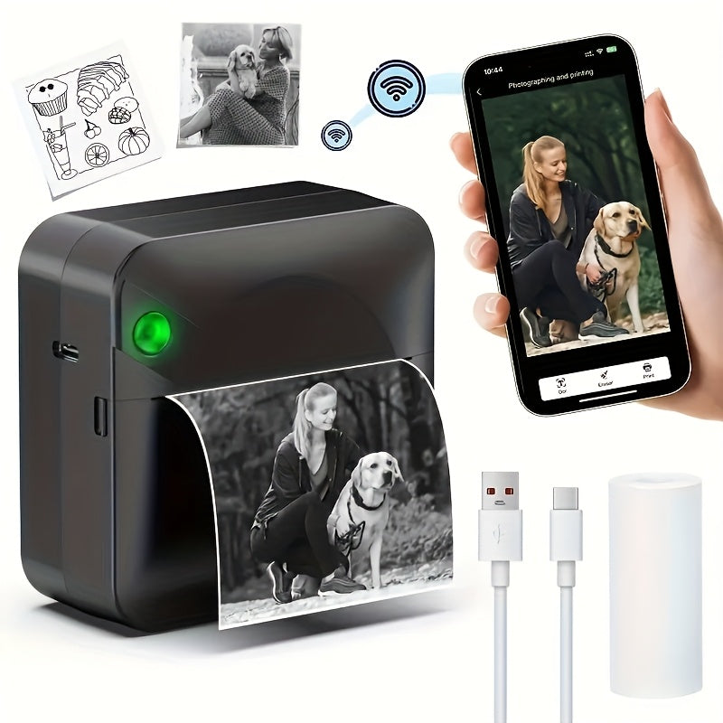 Ink Free Sticker Printer Mini Thermal Printer with One Roll Of Thermal Paper, Wireless Pocket Printer, Intelligent Portable Receipt Printer, Suitable for Photos, Diaries, Notes, And Memos