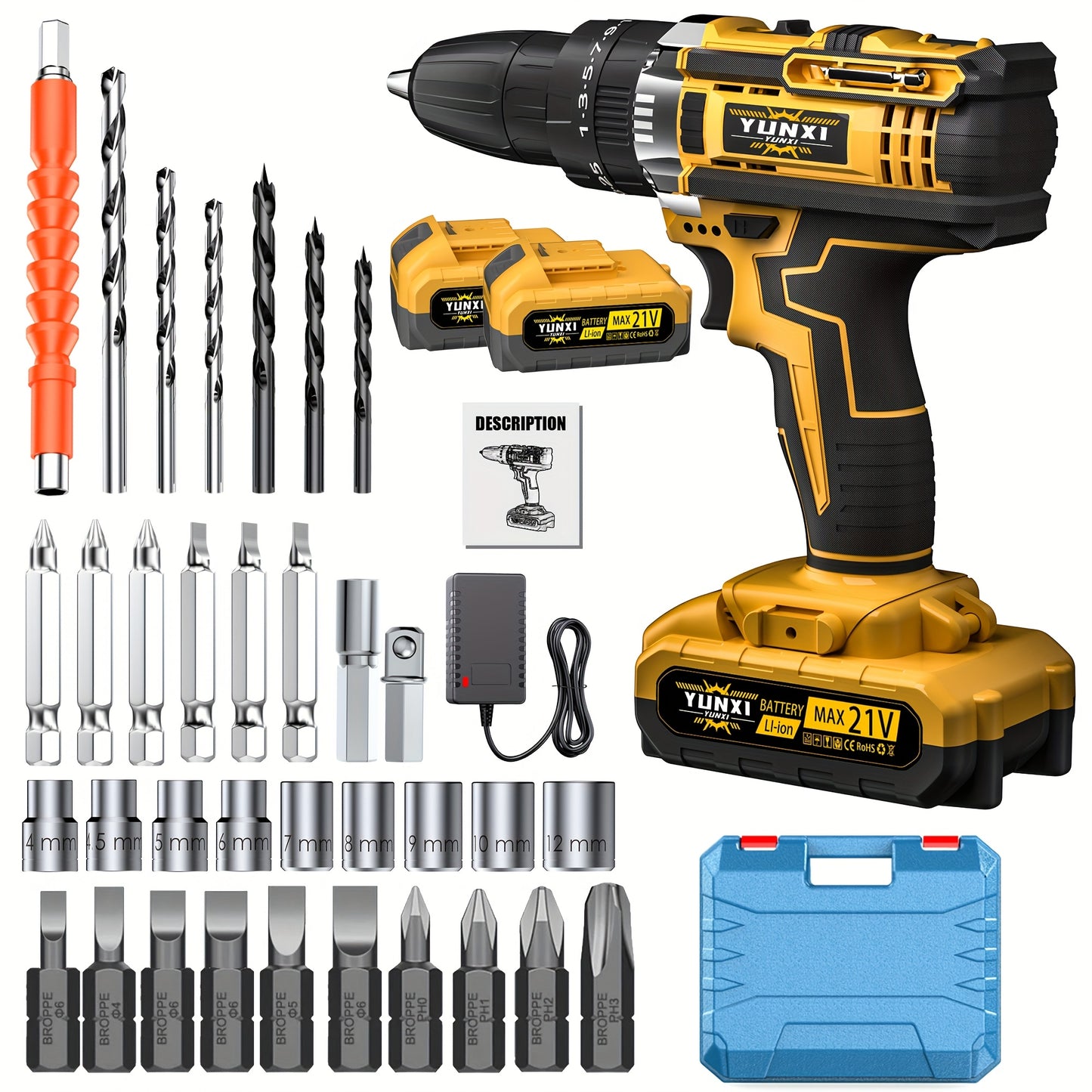 21V Cordless Impact Wrench Wireless Drill Kit with 4000mAh Battery, Brushless Electric Impact Gun Drill, Toolbox, Charger, Socket & Complete Accessories - Ideal Gift for Men