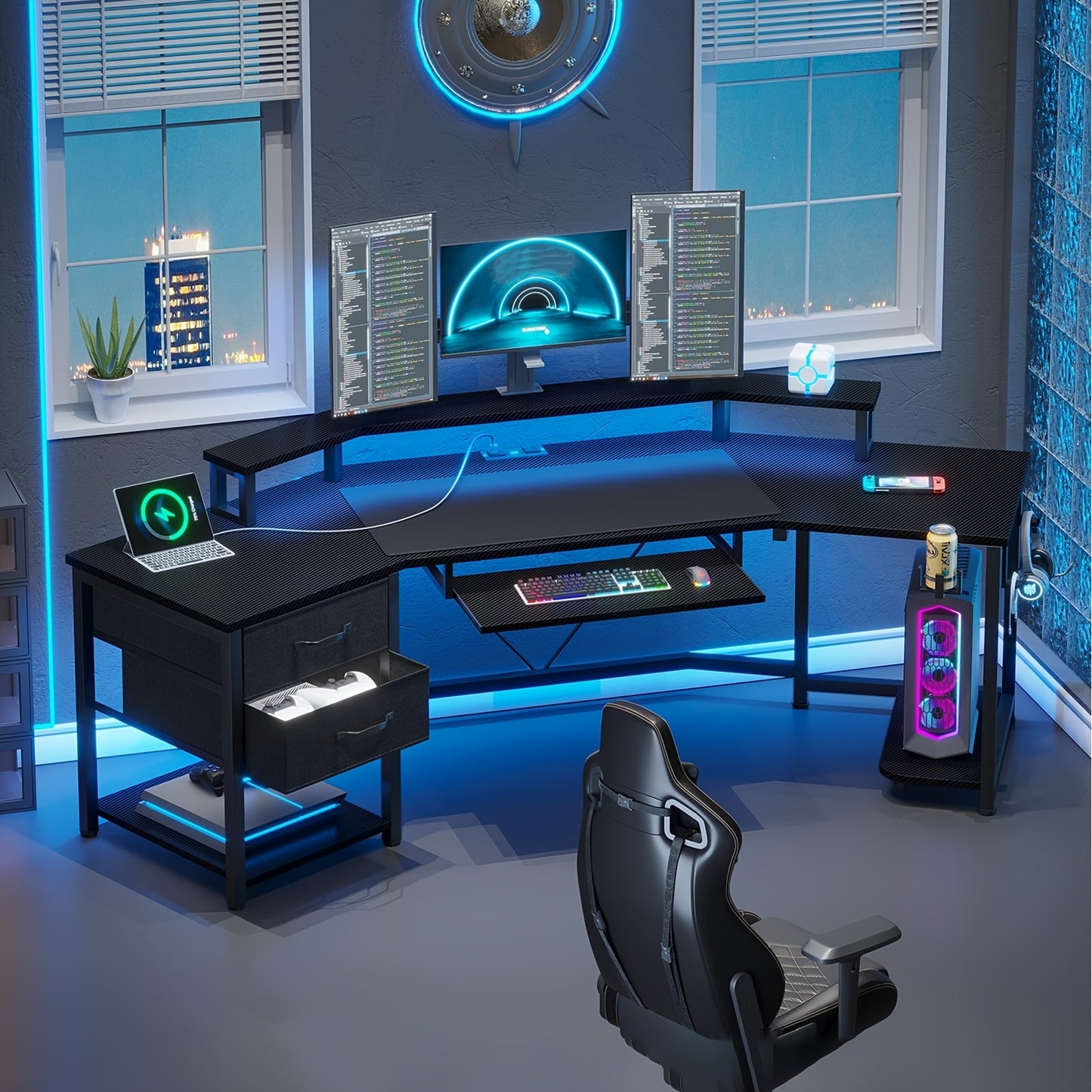 Modern Corner Gaming Desk - 79 Inch, Black Carbon Fiber, LED Lights, Power Outlets, 2 Fabric Drawers, Open Shelves, CPU Stand, Cup Holder, Headphones Hooks, Keyboard Tray, PC Workstation for Bedroom, Gaming Room