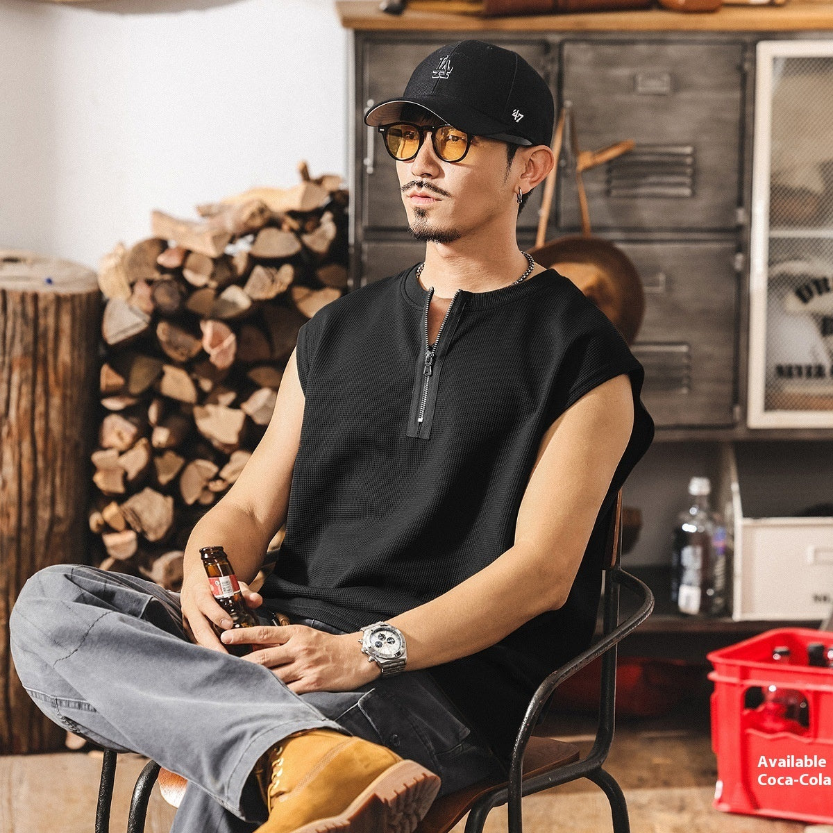 Vintage Zipper Sports Fitness Vest Men's Loose Waffle Texture Tough Guy T-shirt MerchMallow