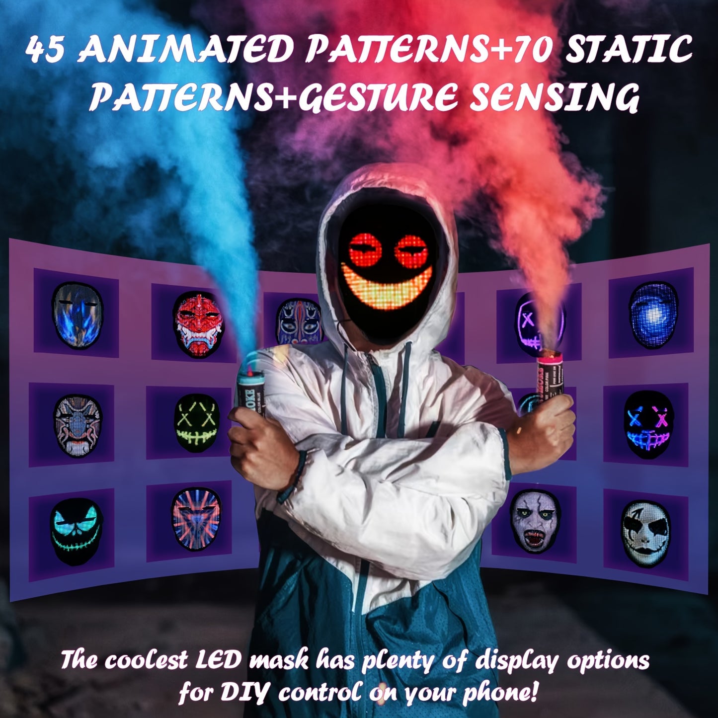 App-Controlled LED Face Mask with RGB & - Real-Time Light Effects, - Portable Party Mask for Adults, Halloween Costumes, Nightclub & Photo Shoots (Compatible with Smartphones)