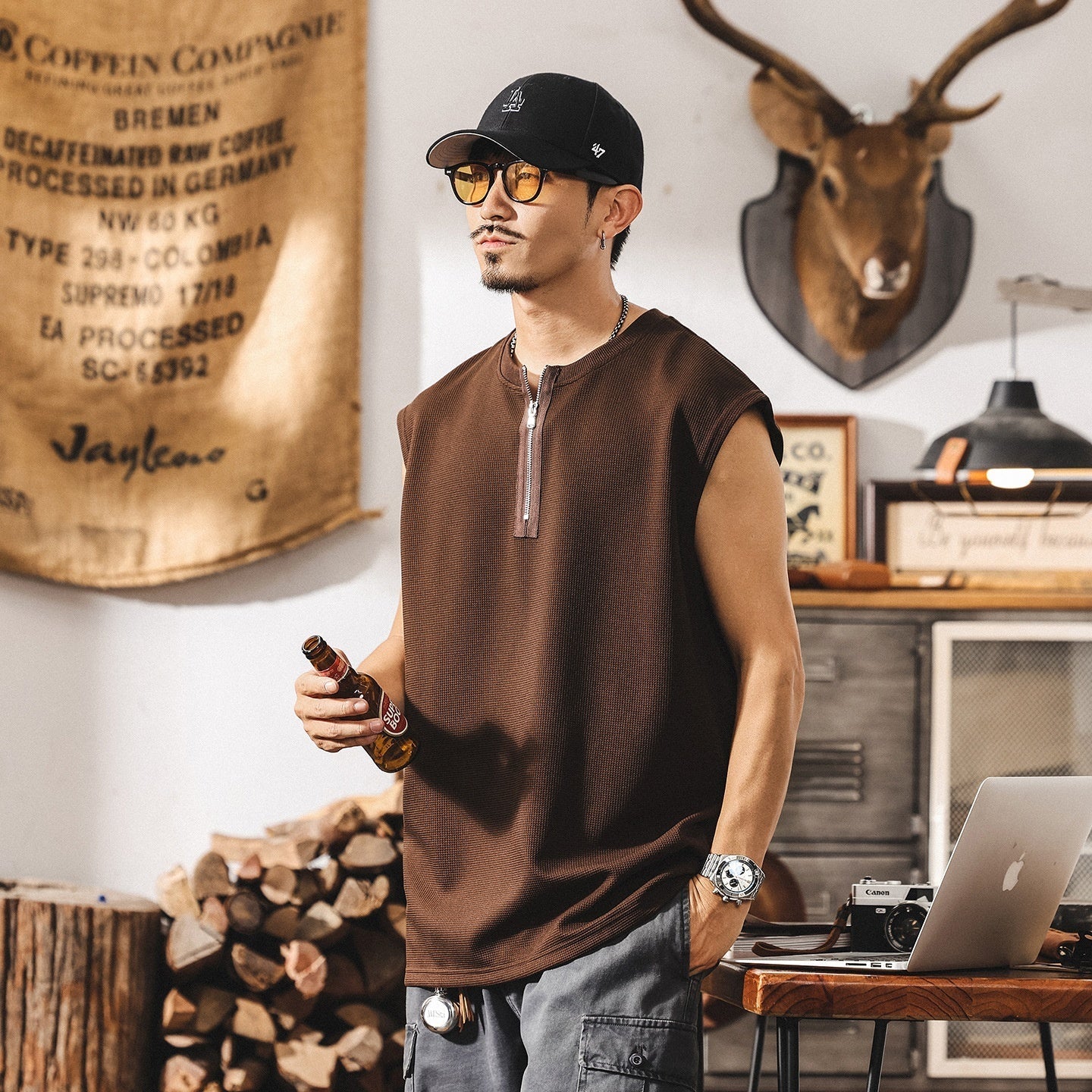 Vintage Zipper Sports Fitness Vest Men's Loose Waffle Texture Tough Guy T-shirt MerchMallow