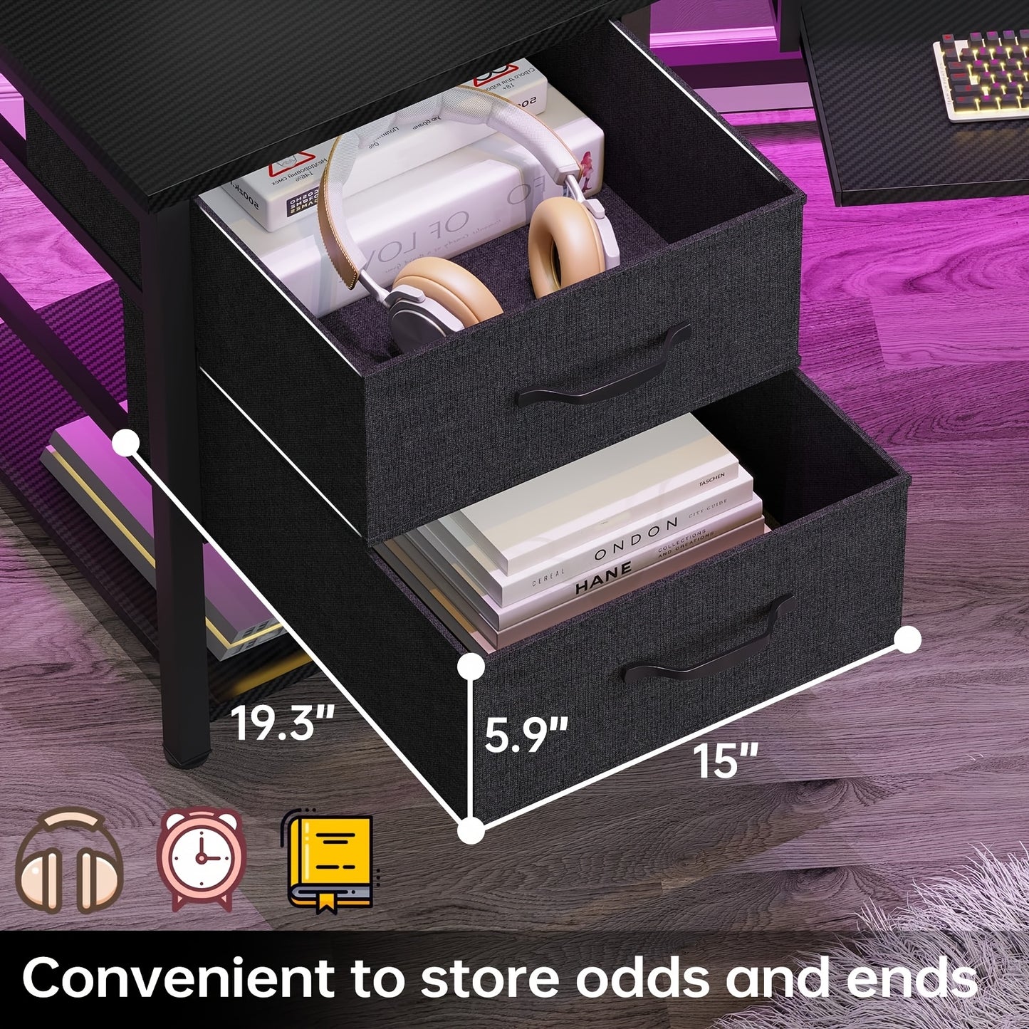 Modern Corner Gaming Desk - 79 Inch, Black Carbon Fiber, LED Lights, Power Outlets, 2 Fabric Drawers, Open Shelves, CPU Stand, Cup Holder, Headphones Hooks, Keyboard Tray, PC Workstation for Bedroom, Gaming Room