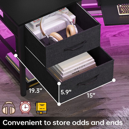 Modern Corner Gaming Desk - 79 Inch, Black Carbon Fiber, LED Lights, Power Outlets, 2 Fabric Drawers, Open Shelves, CPU Stand, Cup Holder, Headphones Hooks, Keyboard Tray, PC Workstation for Bedroom, Gaming Room