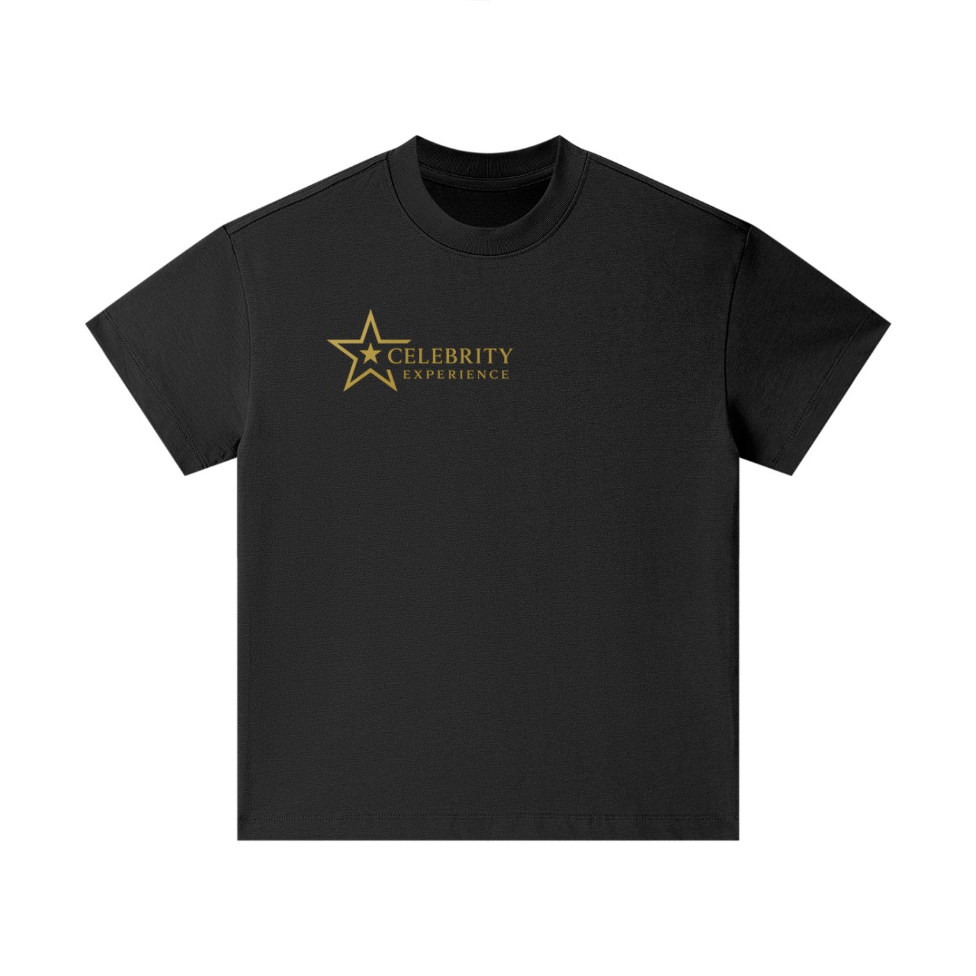 Black pure cotton kids t-shirt with gold "Celebrity Experience" star logo, short sleeve and round neck.