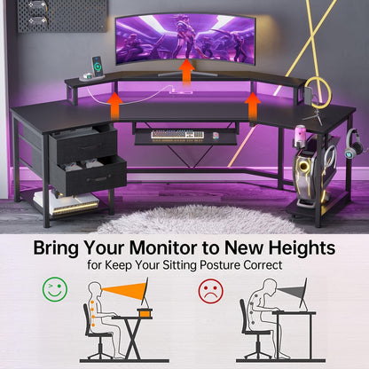 Modern Corner Gaming Desk - 79 Inch, Black Carbon Fiber, LED Lights, Power Outlets, 2 Fabric Drawers, Open Shelves, CPU Stand, Cup Holder, Headphones Hooks, Keyboard Tray, PC Workstation for Bedroom, Gaming Room