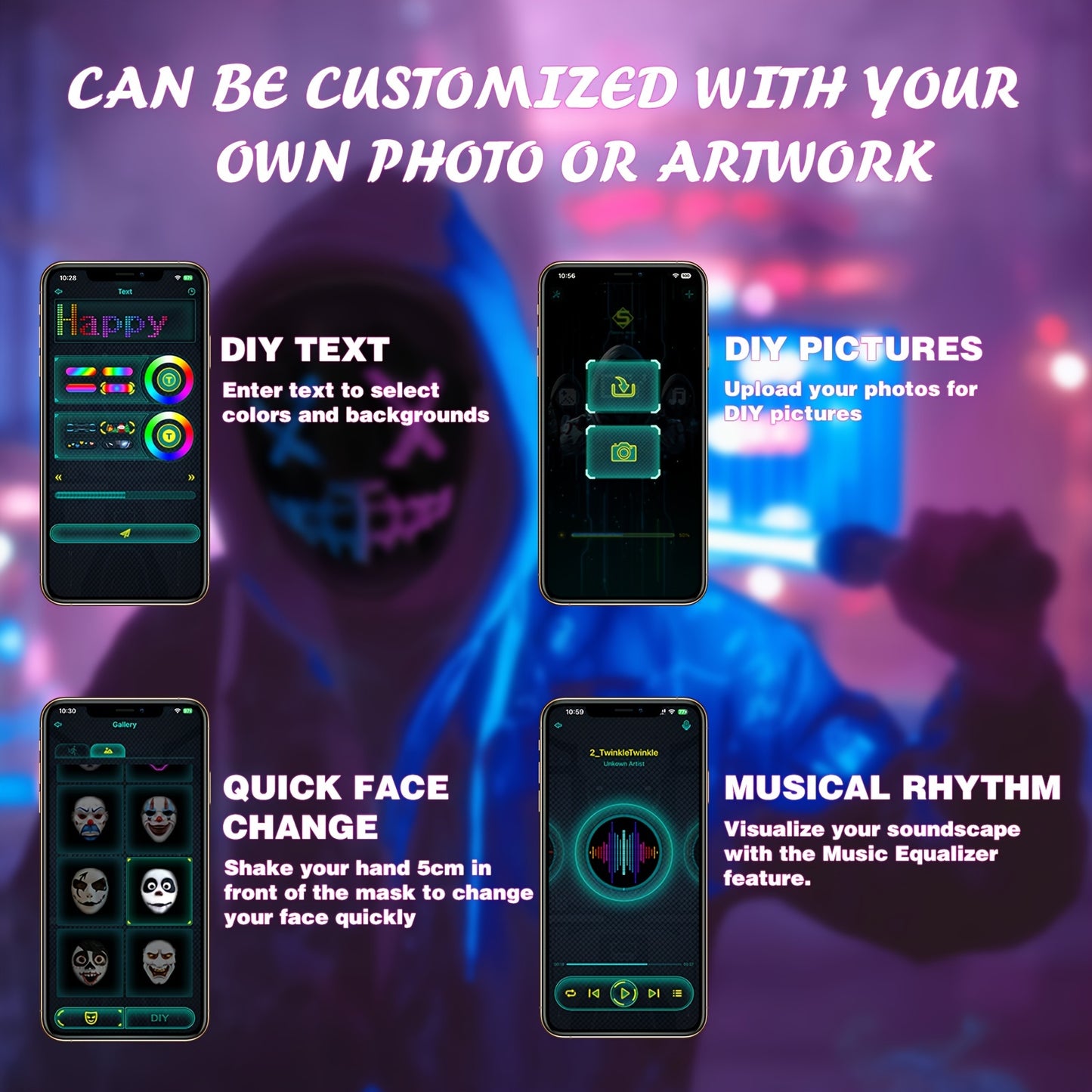 App-Controlled LED Face Mask with RGB & - Real-Time Light Effects, - Portable Party Mask for Adults, Halloween Costumes, Nightclub & Photo Shoots (Compatible with Smartphones)