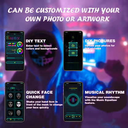 App-Controlled LED Face Mask with RGB & - Real-Time Light Effects, - Portable Party Mask for Adults, Halloween Costumes, Nightclub & Photo Shoots (Compatible with Smartphones)