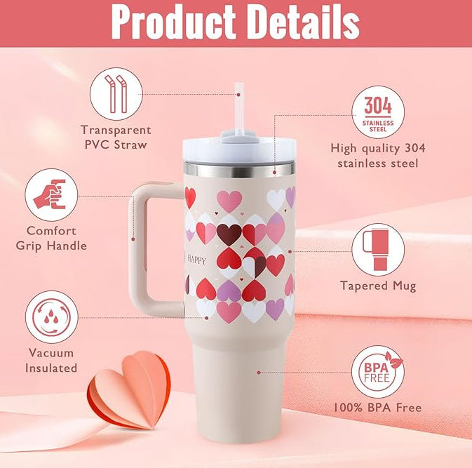 40 Oz Tumbler With Handle Straw Insulated, Stainless Steel Spill Proof Vacuum Coffee Cup Tumbler With Lid Tapered Mug Gifts For Valentine Lover Suitable For Car Gym Office Travel MerchMallow