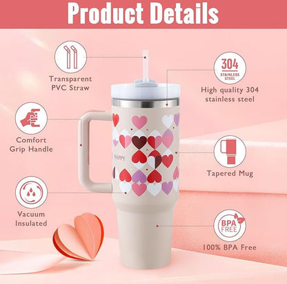 40 Oz Tumbler With Handle Straw Insulated, Stainless Steel Spill Proof Vacuum Coffee Cup Tumbler With Lid Tapered Mug Gifts For Valentine Lover Suitable For Car Gym Office Travel MerchMallow