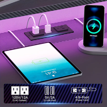 Modern Corner Gaming Desk - 79 Inch, Black Carbon Fiber, LED Lights, Power Outlets, 2 Fabric Drawers, Open Shelves, CPU Stand, Cup Holder, Headphones Hooks, Keyboard Tray, PC Workstation for Bedroom, Gaming Room